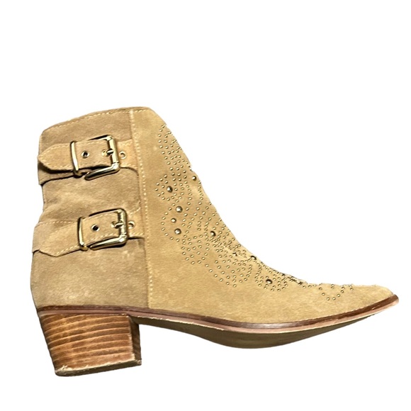 ZARA Tan Suede Gold Studded Point Toe Side Zip Double Buckle Bootie-Size 7.5 - Picture 3 of 16